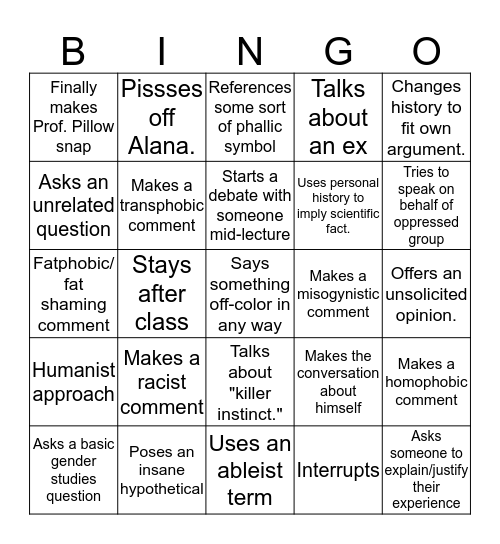 Sex, Love, Race Bingo! Bingo Card
