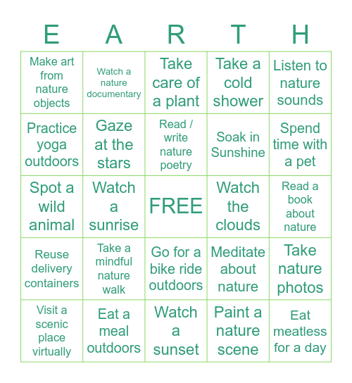 Virtual Earth Day Bingo Card