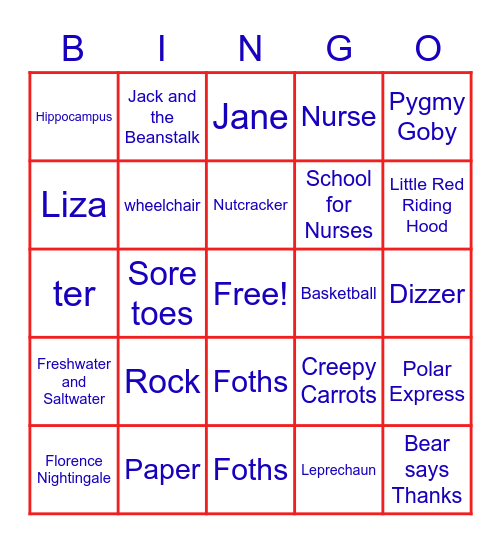 Reading Class Bingo Card