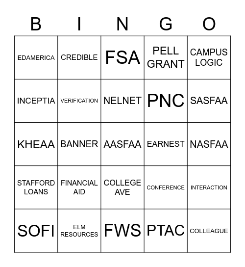 AASFAA BINGO Card