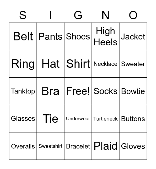 Clothing Bingo Card