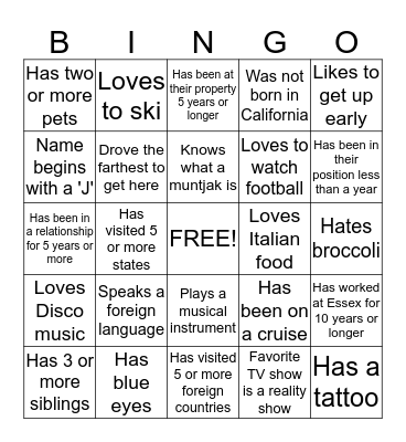 Ice Breaker Bingo Card