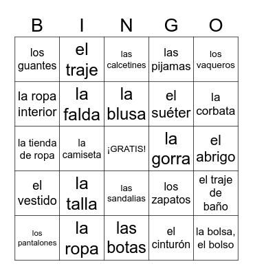 La Ropa Bingo Card