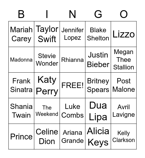 Music Artist! Bingo Card