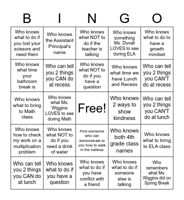 4th Grade Reviews our Expectations Bingo Card