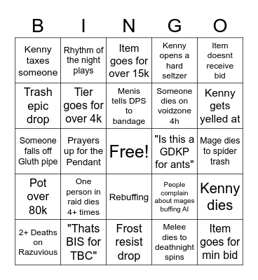 Thursday Danger Zone Bingo Card
