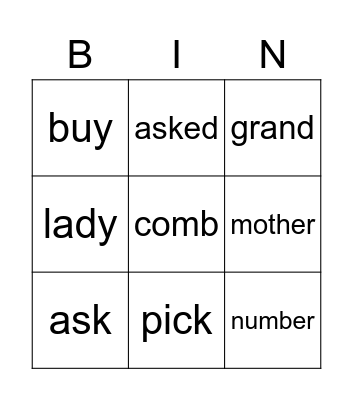 Spelling Bingo Card