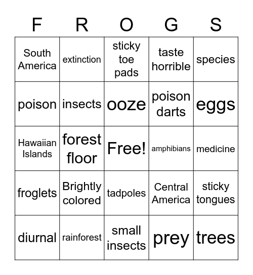 Poison Dart Frog Bingo Card