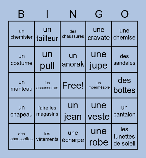 French Clothing and Accessories Bingo Card