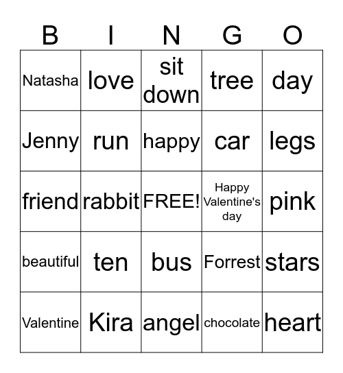 Bingo for Kira Bingo Card