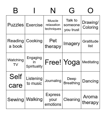 Positive Coping Skills Bingo Card