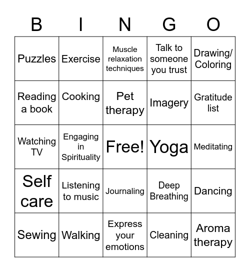 Positive Coping Skills Bingo Card