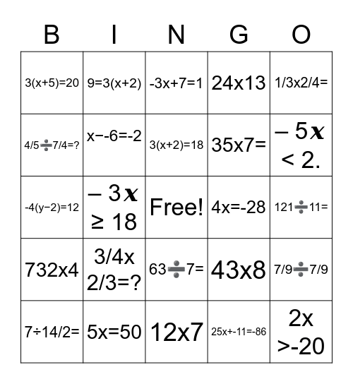 Math review Bingo Card