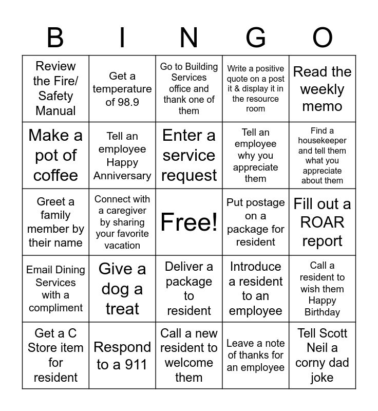 Front Desk Bingo Card