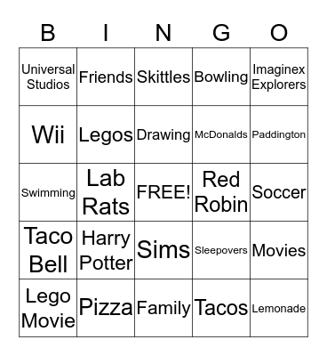 Zachary's Bingo Game Bingo Card