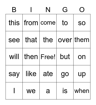 Sight Words Bingo Card