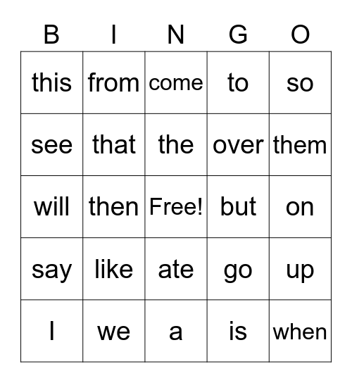 Sight Words Bingo Card