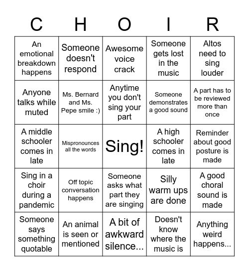 Choir Rehearsal BINGO Card