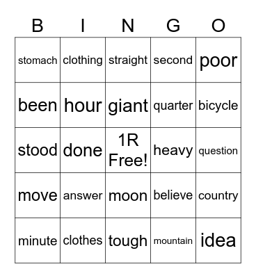 1R Tricky Words Bingo Card