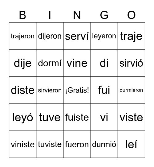 Irregular verbs Bingo Card