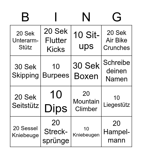 ERG Fitness Bingo Card
