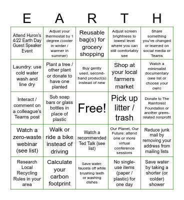 Huron Earth Day Bingo Card