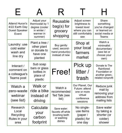 Huron Earth Day Bingo Card
