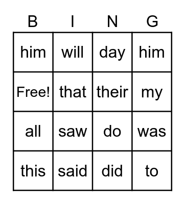 Sight Words Bingo Card