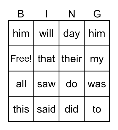 Sight Words Bingo Card