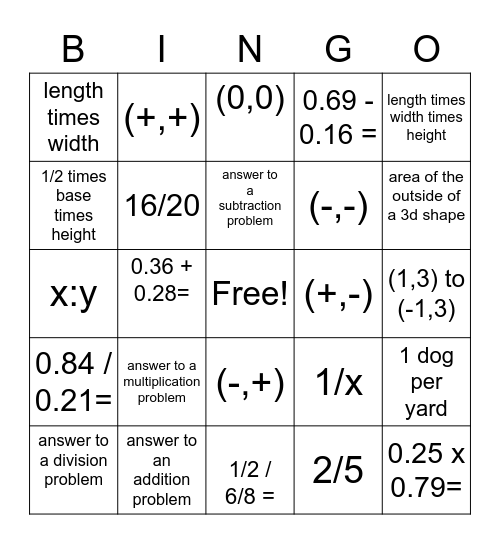 6th Grade Bingo Card