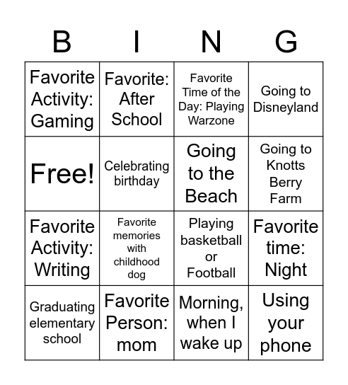 Favorite Bingo Card
