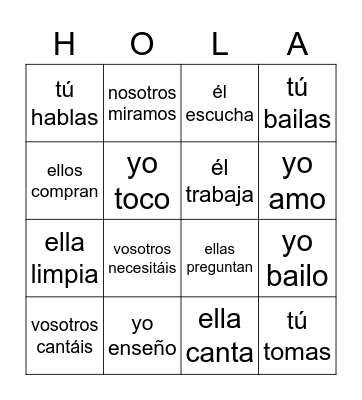 ar verbs Bingo Card