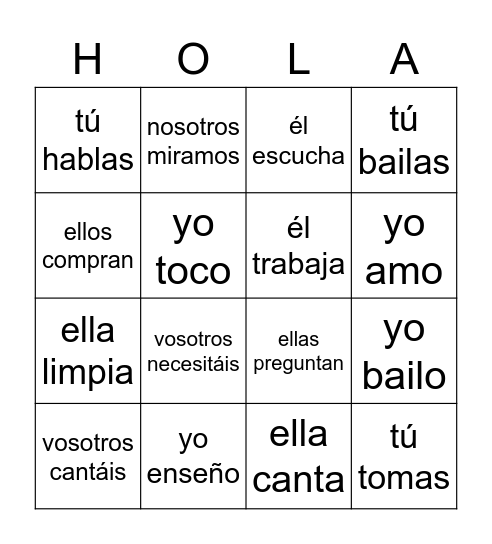 ar verbs Bingo Card