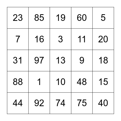 NUMBER Bingo Card