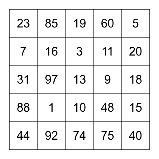 NUMBER Bingo Card