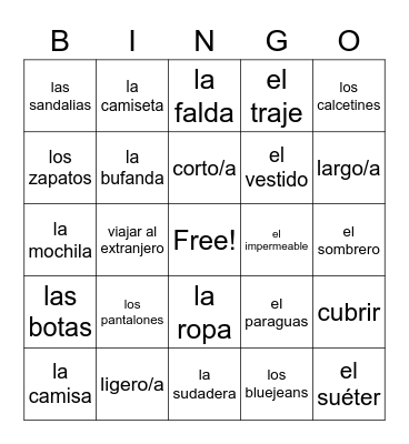 U6 La Ropa- Español Bingo Card