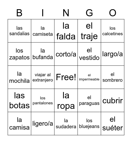 U6 La Ropa- Español Bingo Card