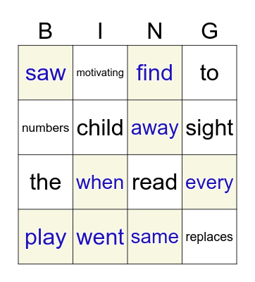 Sight Words Game 1 Bingo Card