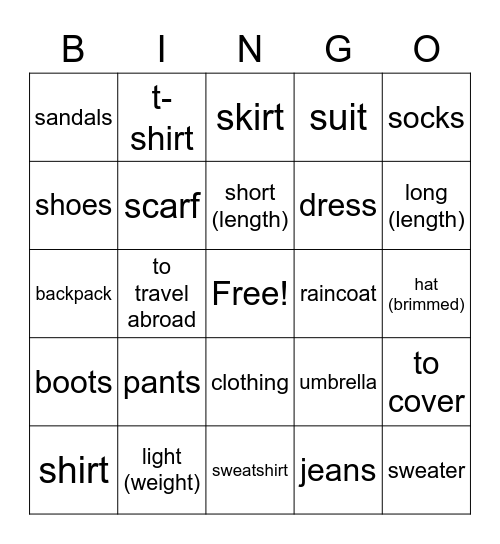 U6 Clothing - English Bingo Card