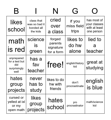 academic bingo Card