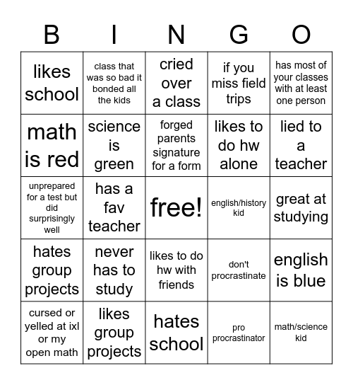 academic bingo Card