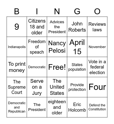 Rights and Resposibilities Bingo Card