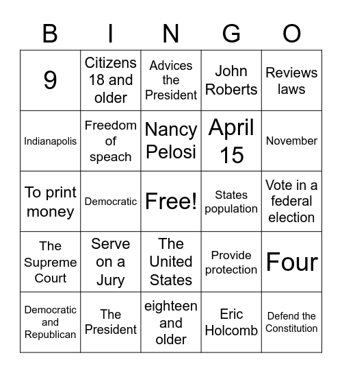 Rights and Resposibilities Bingo Card