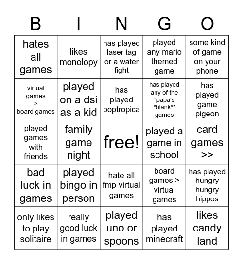 game bingo Card