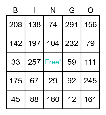 Number BINGO Card