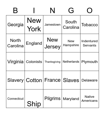 Colonial America Bingo Card