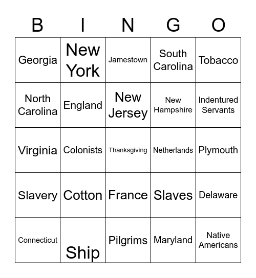 Colonial America Bingo Card