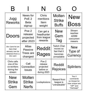 Poe League Reveal Stream Bingo Card