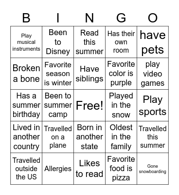 Get to Know Me! Bingo Card