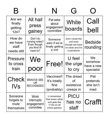 Staff Meeting Bingo Card